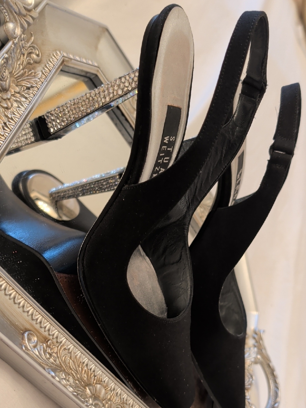 Stuart Weitzman Black Satin Slingback Pumps